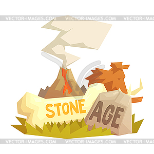 Stone age elements, volcanic eruption, mammoth, - vector clip art