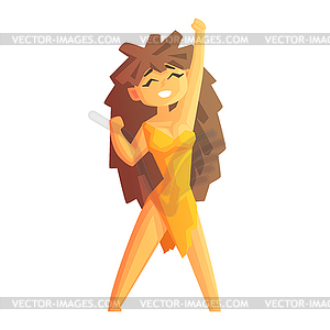 Cheerful cave girl, with her hand raised, stone - royalty-free vector image