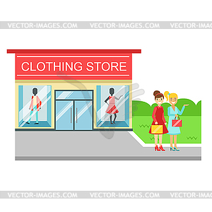 Clothing store building and two smiling women with - vector image