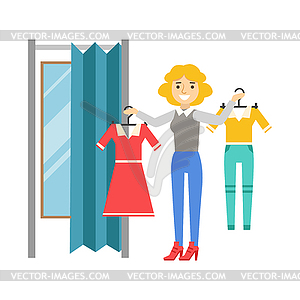 Woman trying to decide what to buy, difficult - vector clipart