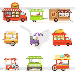 Street Food Kiosk Collection On Wheels And Without - vector image