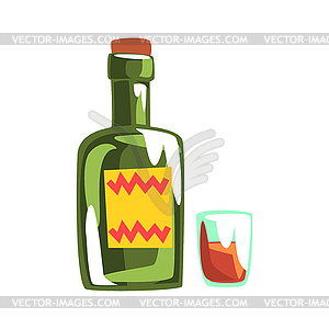Whiskey bottle and glass. Colorful cartoon - vector clipart