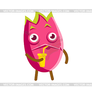 Cute cartoon happy dragon fruit drinking fruit juic - vector clipart / vector image