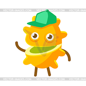 Happy smiling passion fruit in green cap, colorful - vector image