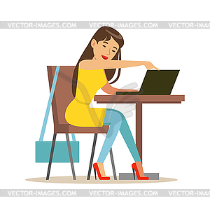 Young beatuful girl sitting at small round table an - vector image