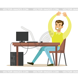 Cheerful man sitting at office table raising - vector clipart