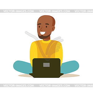 Young man sitting on floor and using laptop. - vector clipart