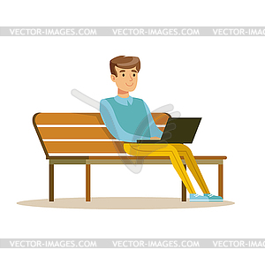 Young man sitting on bench and working with - vector image