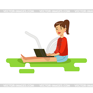 Young woman sitting on floor with her laptop, - vector clipart