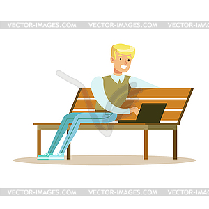 Young smiling man sitting on wooden bench and - vector clip art