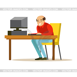 Smiling bald man working on computer at his office - vector image