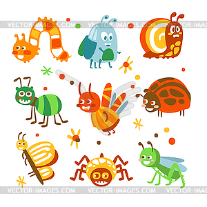 Мультяшные забавные насекомые и насекомые. красочный - изображение в формате EPS