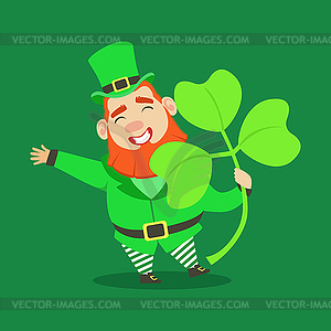 Cute cartoon dwarf Leprechaun with shamrock, - vector clip art