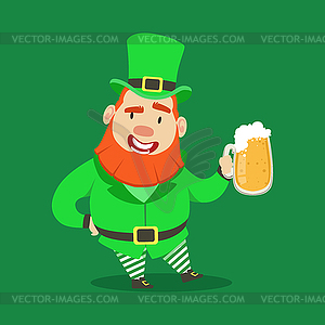 Cute cartoon dwarf Leprechaun standing with mug of - vector clip art
