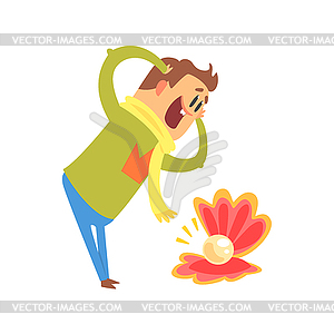 Happy cute cartoon man admiring with sea shell - vector clipart