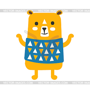 Cute orange teddy bear in blue vest standing. - vector clip art