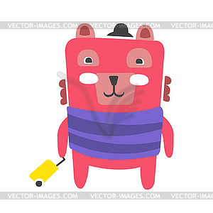 Cute pink teddy bear standing with suitcase. Funny - stock vector clipart