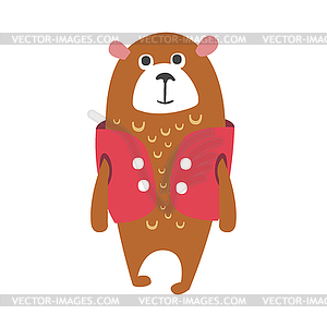 Cute cartoon brown teddy bear in cerise vest - vector clipart