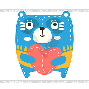 Cute cartoon blue teddy bear with red heart - vector image