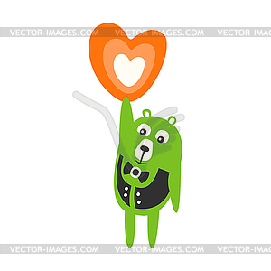 Cute cartoon green teddy bear standing and holding - vector clip art