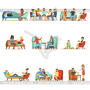 Patients at reception at psychotherapies. People - vector clipart