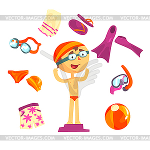Swimmer and beach accessories set for label - vector clip art