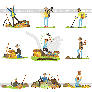 Treasure hunting, people in search of treasure. - vector clipart