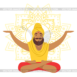 Yogi man in yoga lotus pose and with arms raised, - vector EPS clipart