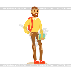 Young bearded man in casual clothes with backpack - vector image