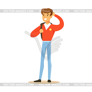 Young smiling man in red shirt standing with - vector clipart