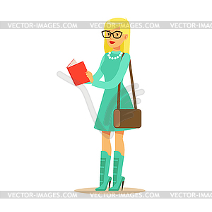 Fashionable student girl in light blue dress and - vector image
