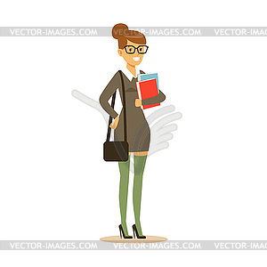 Smiling student in gray dress with books in her - vector clipart