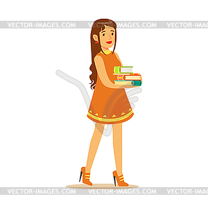 Student girl with long hair wearing in dress - vector clipart