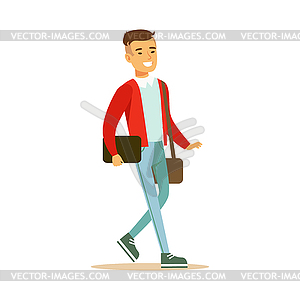 Young smiling man in red jacket walking and - vector image