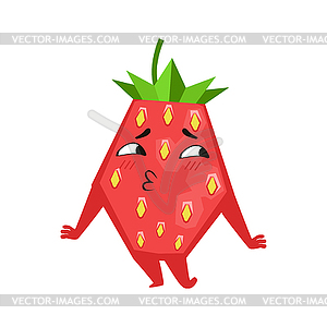 Shy funny strawberry. Cute cartoon emoji character - vector clipart