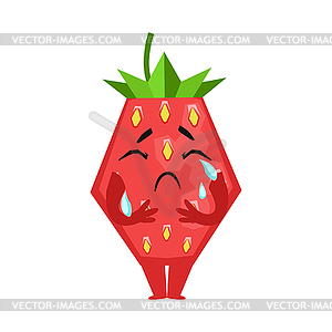 Unhappy crying strawberry. Cute cartoon emoji - vector EPS clipart