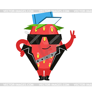 Funny strawberry in black vest and glasses showing - vector image