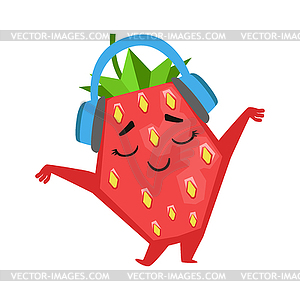 Happy funny strawberry dancing and listening to - vector clipart