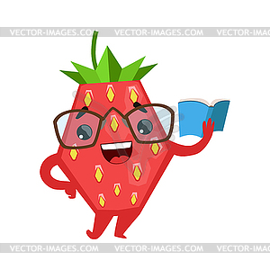 Funny strawberry in eyeglasses reading book. Cute - vector image