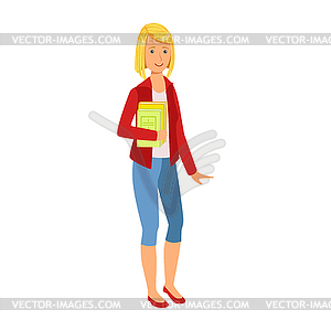 Улыбаясь студент девочка в красной куртке проведение книг - векторный эскиз