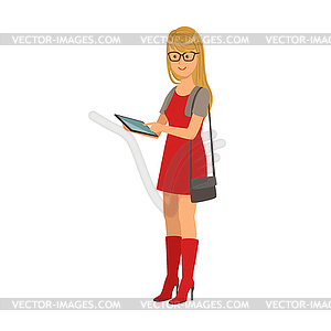 Blonde girl in red dress holding tablet in her - vector image