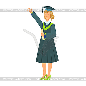 Graduate girl student in mantle holding diploma - vector clipart