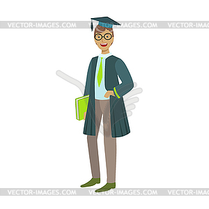 Cheerful graduate guy student in mantle with green - vector image