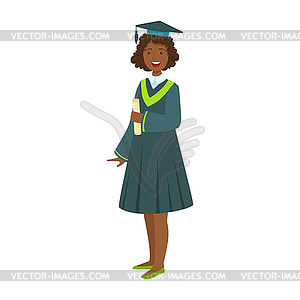 Young girl in student mantle holding diploma. - vector EPS clipart