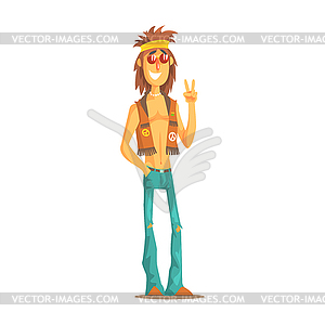 Hippie man with yellow ribbon in hair, dressed in - vector clip art