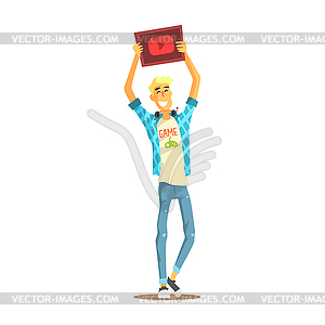 Cheerful young bloger man standing with tablet in - vector EPS clipart