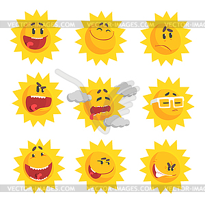 Cute cartoon sun emojis. Emotional face set of - vector clipart