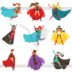 Female Superheroes In Classic Comics Costumes With - vector image