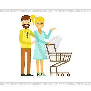 Happy young couple with shopping cart. Family - vector clipart