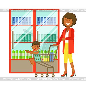 Young woman pushing supermarket cart with some good - vector clip art